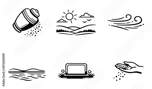 Cremation symbols: urn, landscape, waves, cemetery, spiritual journey
