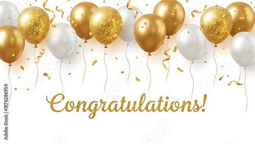 Festive congratulations card with golden balloons and confetti