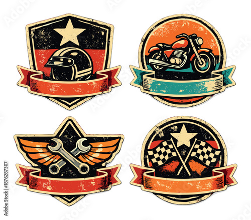 Vintage motorcycle emblems with helmets, wrenches, and checkered flags