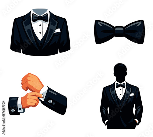 Stylish male suit and accessories - bow tie and cufflinks set on dark background