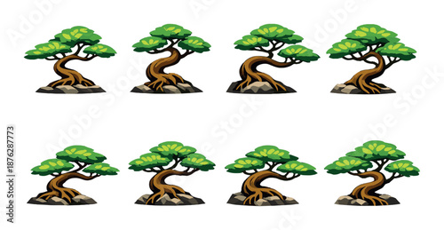 Cartoon bonsai trees with twisted trunks and green foliage on gradient background