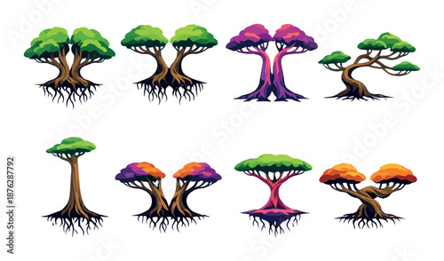 Colorful glowing fantasy trees on dark background