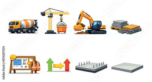 Colorful construction elements: vehicles, equipment, and building supplies