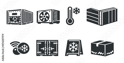 Black and white cold storage icons: thermometer, fan, snowflake, boxes, network