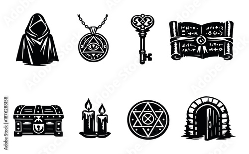 Mystical icons set: hooded figure, pendant, key, scroll, chest, candles, pentagram, door