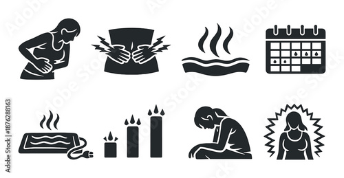 Menstrual pain relief symbols: heating pad, candles, calendar, suffering