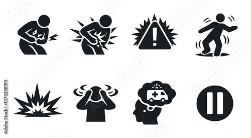Health icons: pain, emergency, reaction, explosion, anxiety, medical, pause