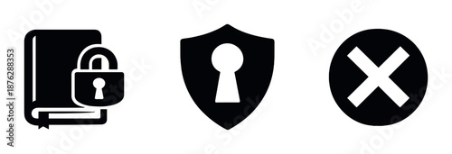 Privacy icons set with book, shield, and cross symbols on dark background