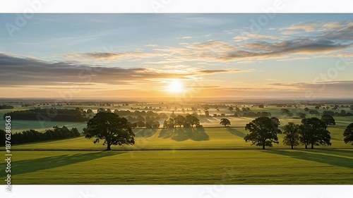 Golden Sunrise Over Misty English Countryside Fields and Trees.
