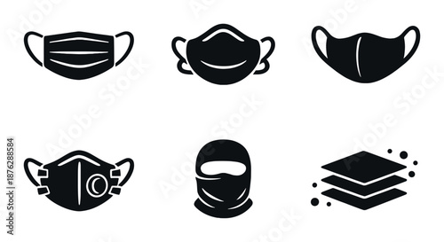 Silhouette icons of various face masks on dark background