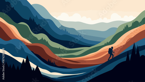 Minimalist Vector Landscape of Hiker Trekking Through Colorful Mountain Valley.