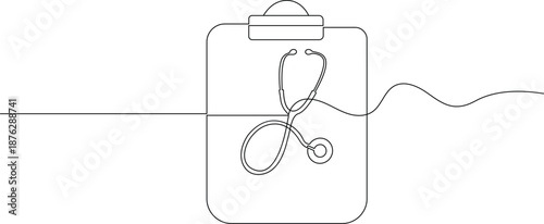 Continuous one line drawing of a medical stethoscope on a clipboard for healthcare concept