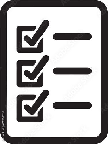 Minimal bold silhouette survey checklist icon for feedback, evaluation, forms, and research use.