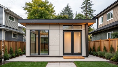 adu+housing Modern compact house with large windows, surrounded by greenery and a wooden fence.