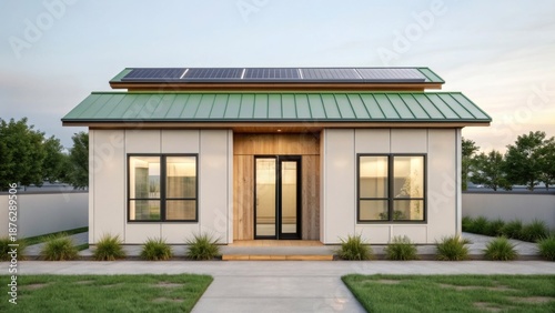adu+housing Modern house with a green roof, large windows, and a welcoming entrance amidst landscaped surroundings.