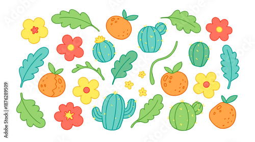 A vibrant illustration of various plants and flowers arranged in a decorative pattern