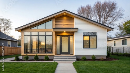 adu+housing Modern house design with large windows and a welcoming entrance, set in a green environment.