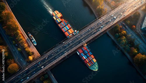 Transport concept with an aerial overhead view of a very big container super cargo ship passing under a bridge with car traffic