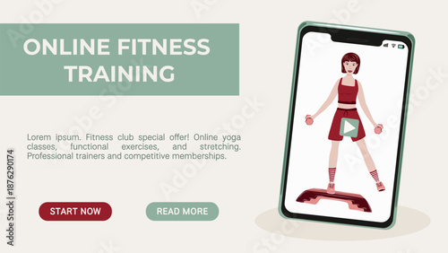 Online fitness training web banner with female character performing workout exercises on smartphone screen. Woman doing step aerobics with dumbbells.  Cartoon illustration for fitness or sport design.