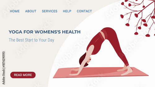 Yoga for women’s health web banner with female character in downward dog pose. Flat illustration for wellness websites, yoga studios, healthcare and lifestyle platforms.