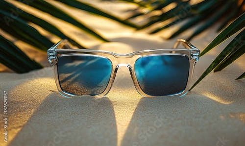 Stylish clear frame sunglasses with blue lenses on sand under palm leaves