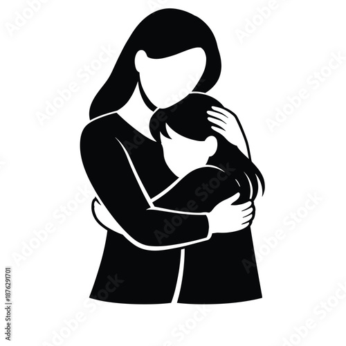 Mother hugging child silhouette in embrace