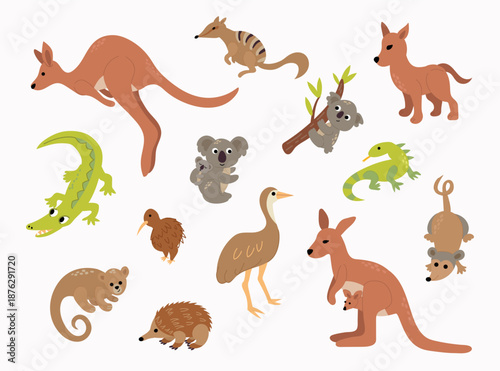 Collection of illustrations of Australian animals. White background, isolated