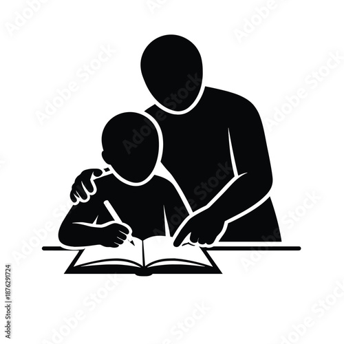 Adult teaching child writing in book silhouette