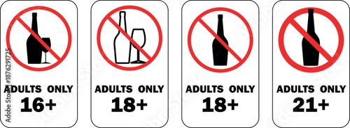 Prohibition of sale of alcohol to minors, warning sign: alcohol only for over 16s, only for over 18s, 21s. Red circle warning sign, age restrictions for alcohol consumption, health, alcoholism