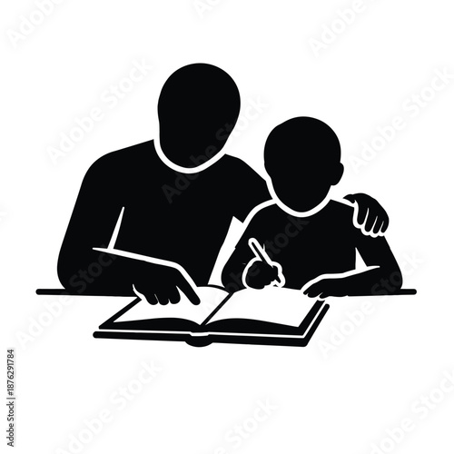Adult helping child writing in book silhouette