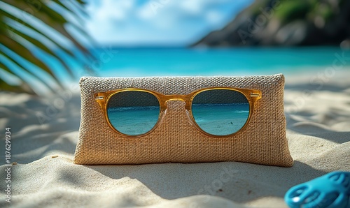 Stylish amber frame sunglasses on textured pouch on tropical beach sand