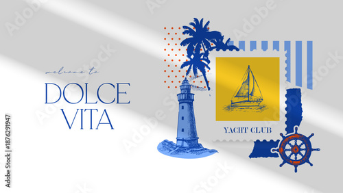 Hand drawn sketch tropical poster. Dolce vita summer vibe. Vintage summer Italy Mediterranean coastal vacation banner. Vector illustration