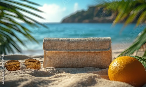 Tropical beach scene with woven clutch bag, stylish sunglasses, and orange.