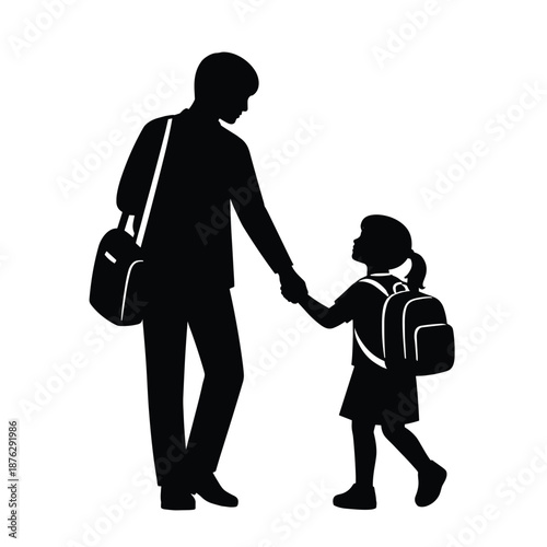Silhouette of man holding hand of schoolgirl with backpacks