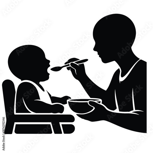 Adult Feeding Baby Sitting in High Chair Silhouette