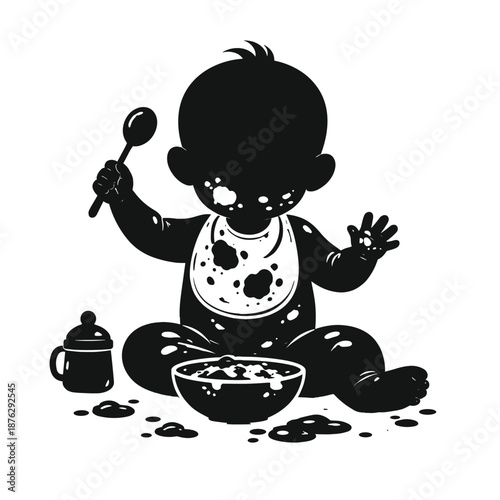 Baby eating food with spoon and bib black silhouette
