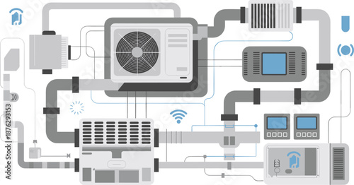 HVAC system illustration showing air conditioning ventilation pipes control units smart climate control technology flat design
