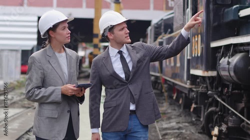 Businesspeople walking and checking train on construction site