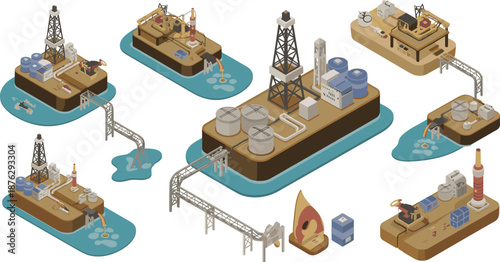 Isometric oil and gas drilling platforms illustration with refineries pipelines storage tanks offshore energy industry concept