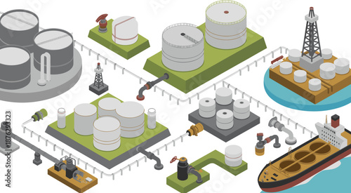 Isometric oil and gas industry infrastructure illustration featuring storage tanks pipelines refinery platforms shipping vessels energy production
