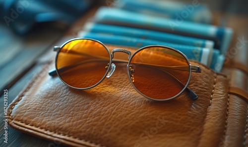Retro round orange lens sunglasses on a textured brown leather wallet case.