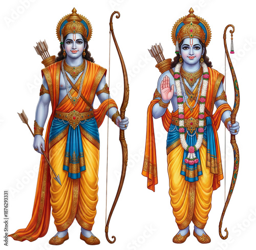 Lord Rama in Standing Poses with Bow and Arrow in Traditional Orange and Blue Attire.