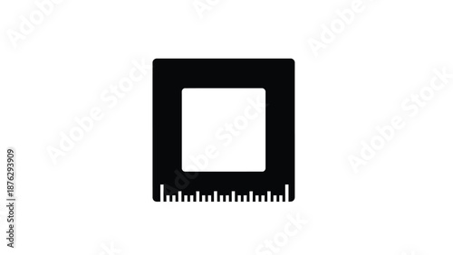 Black film frame icon with ruler markings on bottom symbolizing measurement and cinematic precision
