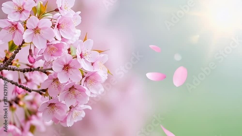 Beautiful Pink Cherry Blossoms in Full Bloom with Falling Petals.