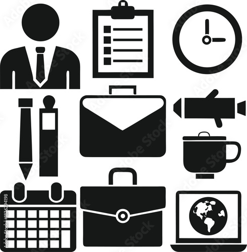 Solid Business and Office Icons Collection – Corporate Workflow, Finance and Communication Vector Set