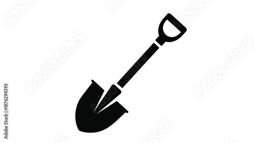 Black silhouette of a shovel on white background symbolizing digging and construction work tools