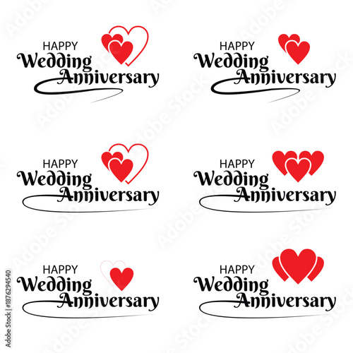 Happy Wedding Anniversary Typography Logos with Heart Icons Set