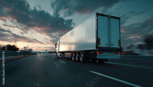 Oncoming huge semi-trailer truck riding on the highway. Closeup animation