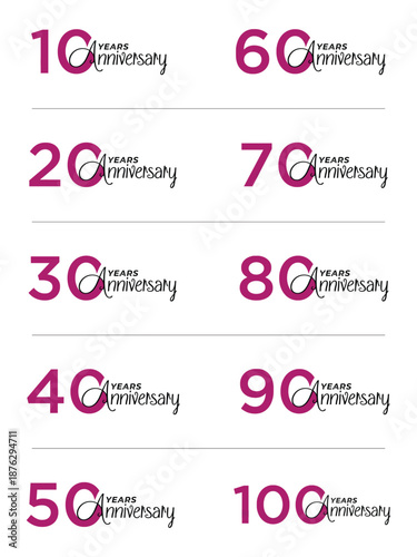10 to 100 Years Anniversary Number Logo Set Celebration Design