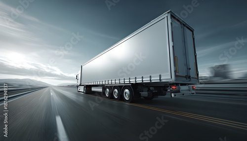 Oncoming huge semi-trailer truck riding on the highway. Closeup animation